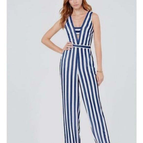 bebe Pants - Bebe Women's Blue White Stripe Deep V-Neck Sleeveless Bandeau Jumpsuit Sz 0 NWT
